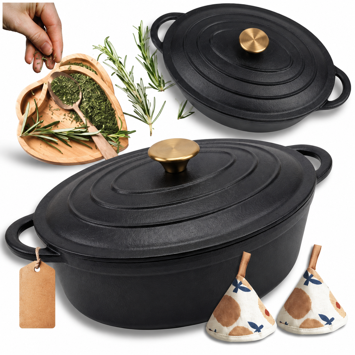 Cocotte ovale en fonte émaillée 34 cm – 6 L – Noir mat
