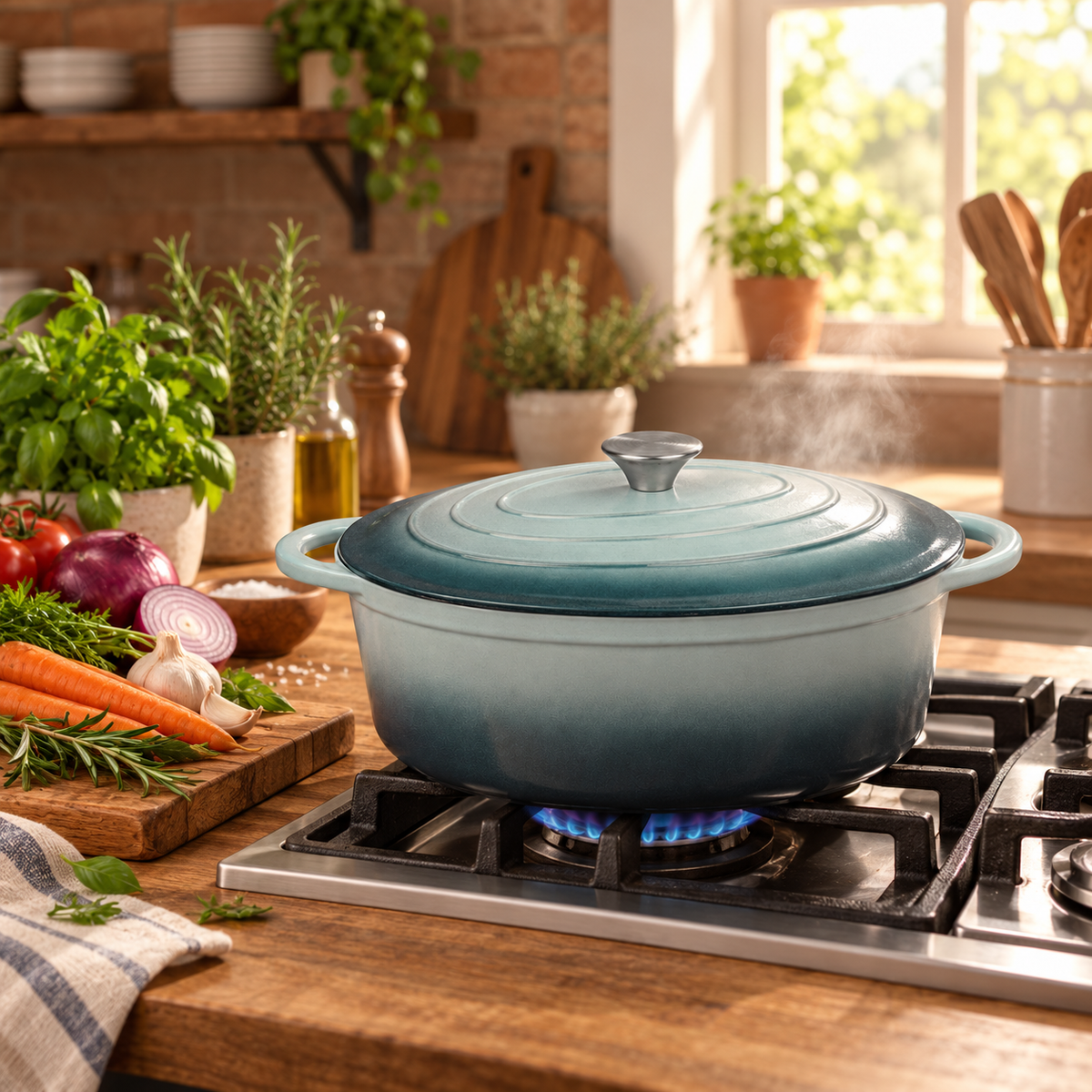 Cocotte ovale en fonte émaillée 34 cm – 6 L – Vert d'eau