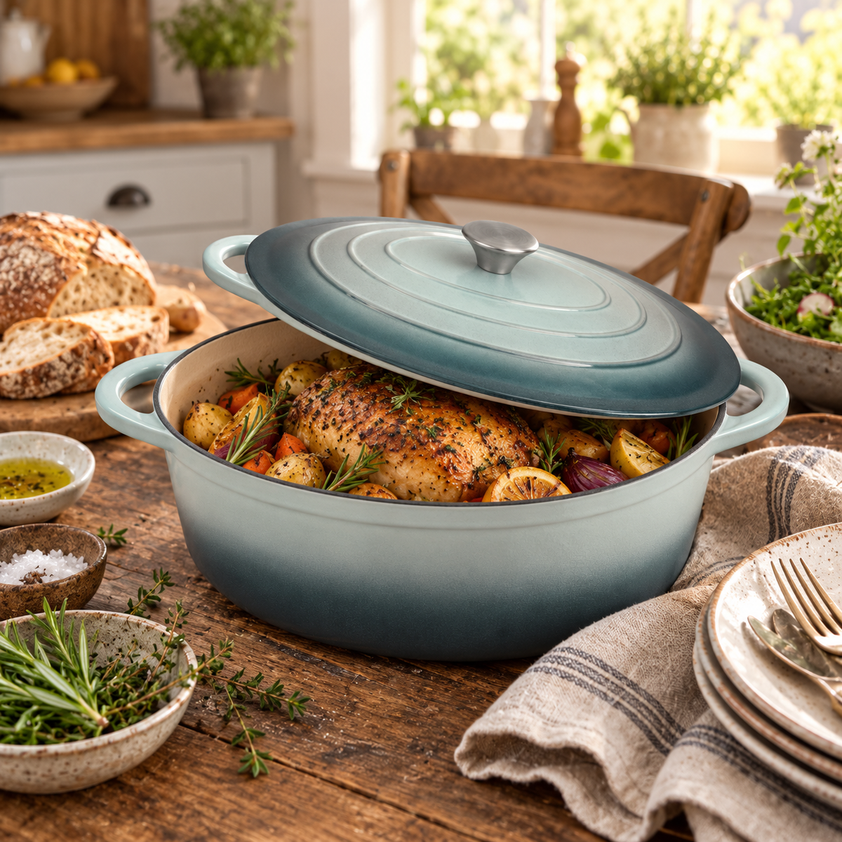 Cocotte ovale en fonte émaillée 34 cm – 6 L – Vert d'eau