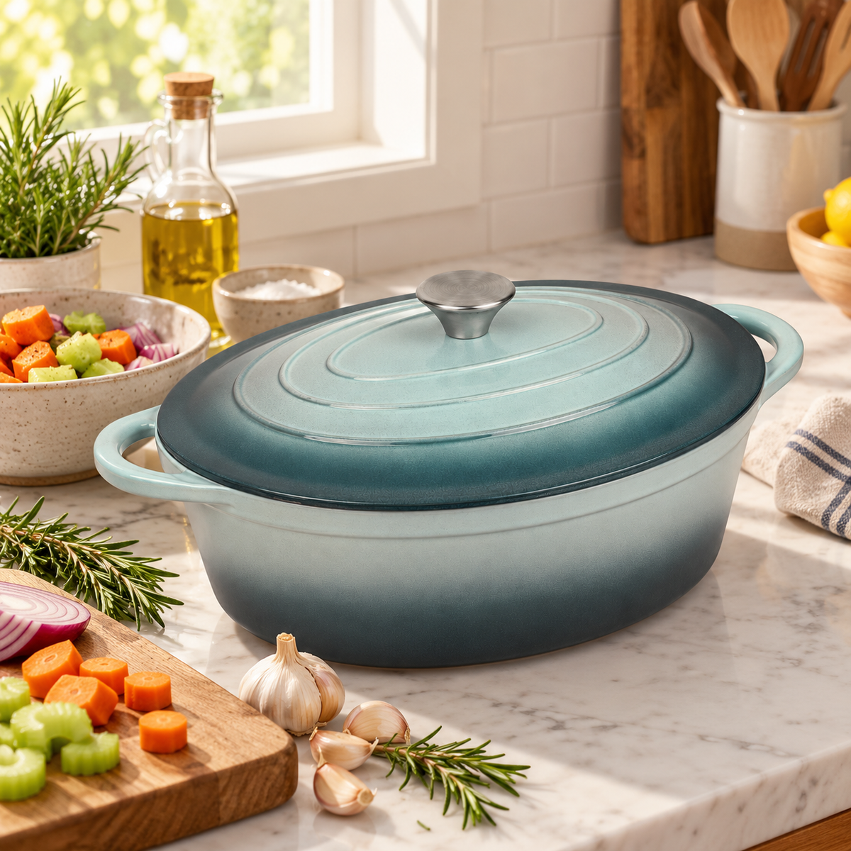 Cocotte ovale en fonte émaillée 34 cm – 6 L – Vert d'eau
