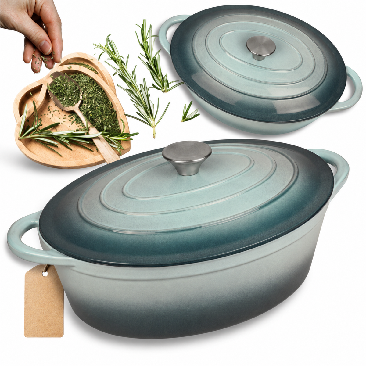 Cocotte ovale en fonte émaillée 34 cm – 6 L – Vert d'eau