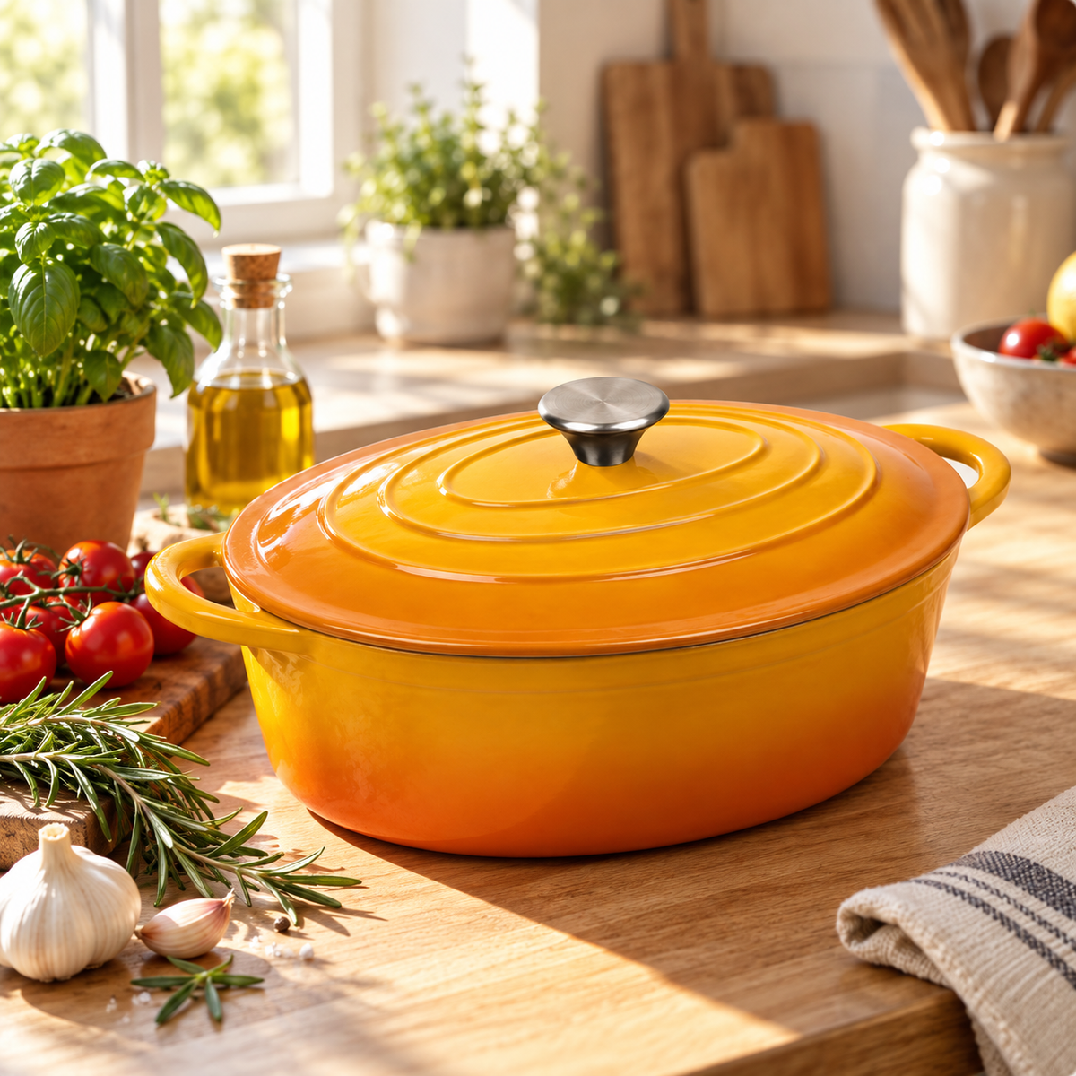 Cocotte ovale en fonte émaillée 34 cm – 6 L – Moutarde