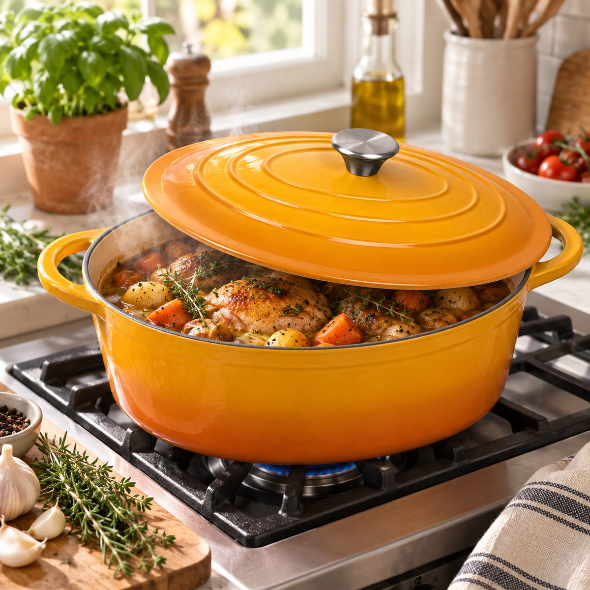 Cocotte ovale en fonte émaillée 34 cm – 6 L – Moutarde