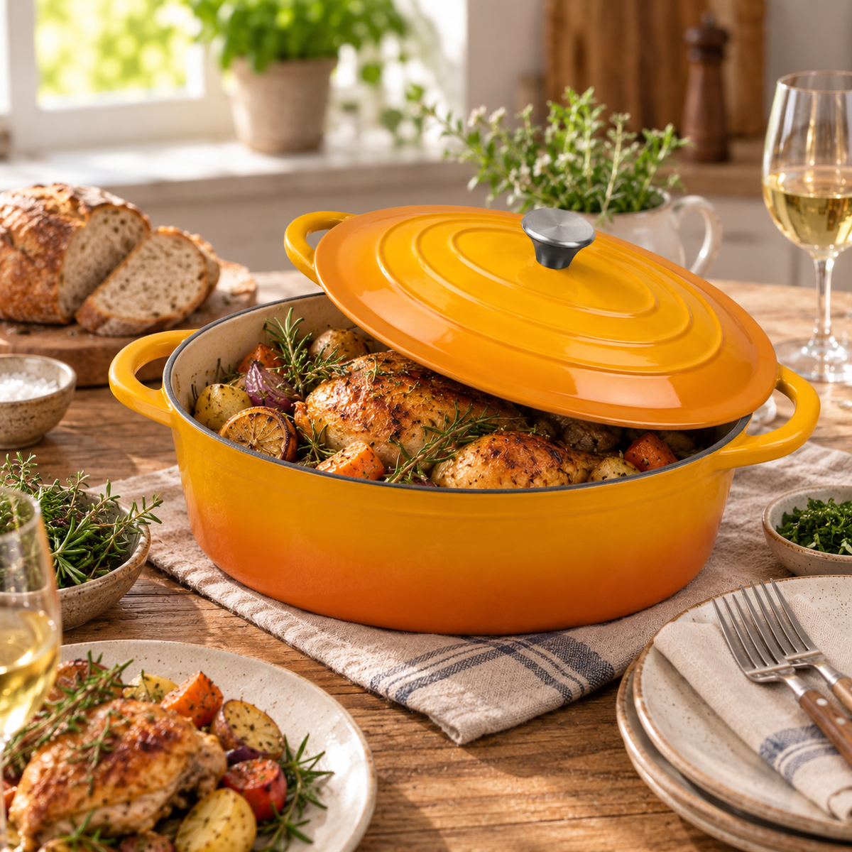 Cocotte ovale en fonte émaillée 34 cm – 6 L – Moutarde