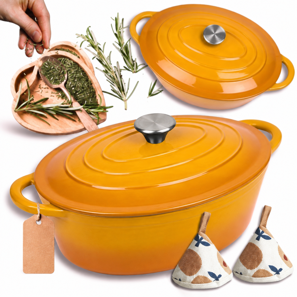 Cocotte ovale en fonte émaillée 34 cm – 6 L – Moutarde