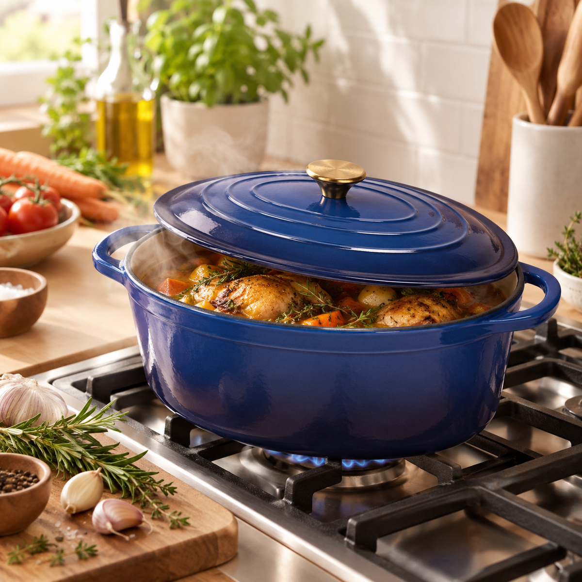 Cocotte ovale en fonte émaillée 34 cm – 6 L – Bleu