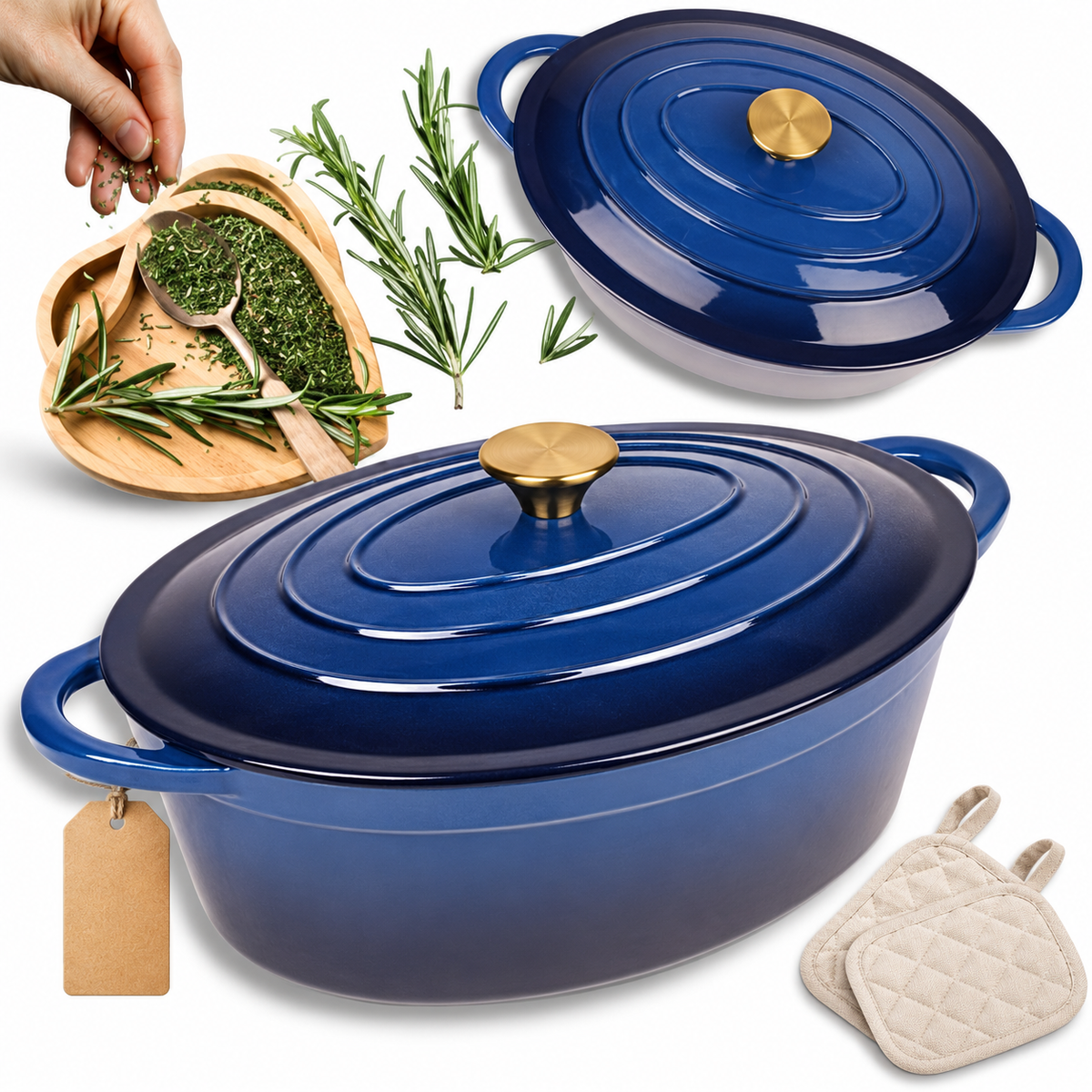 Cocotte ovale en fonte émaillée 34 cm – 6 L – Bleu