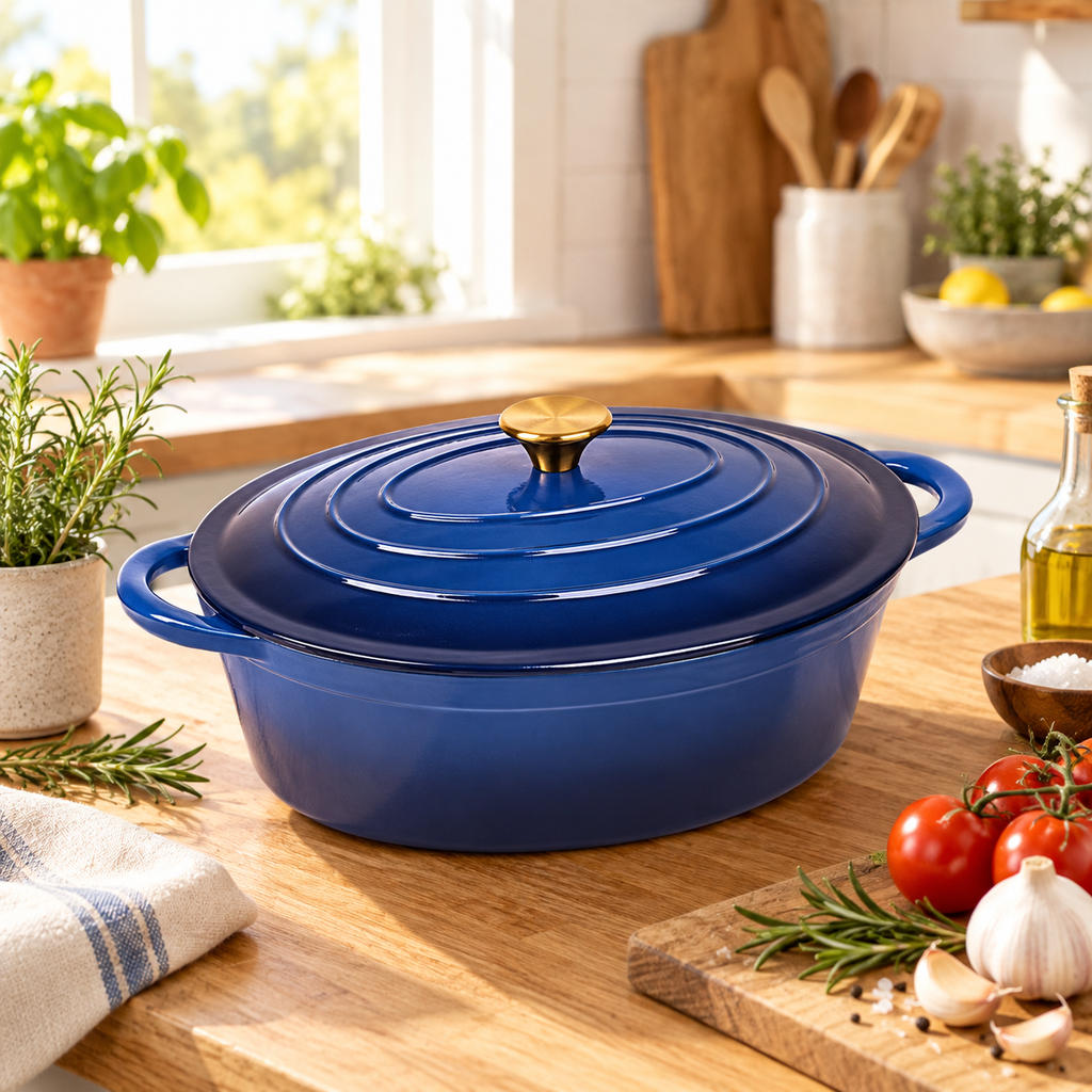 Cocotte ovale en fonte émaillée 34 cm – 6 L – Bleu