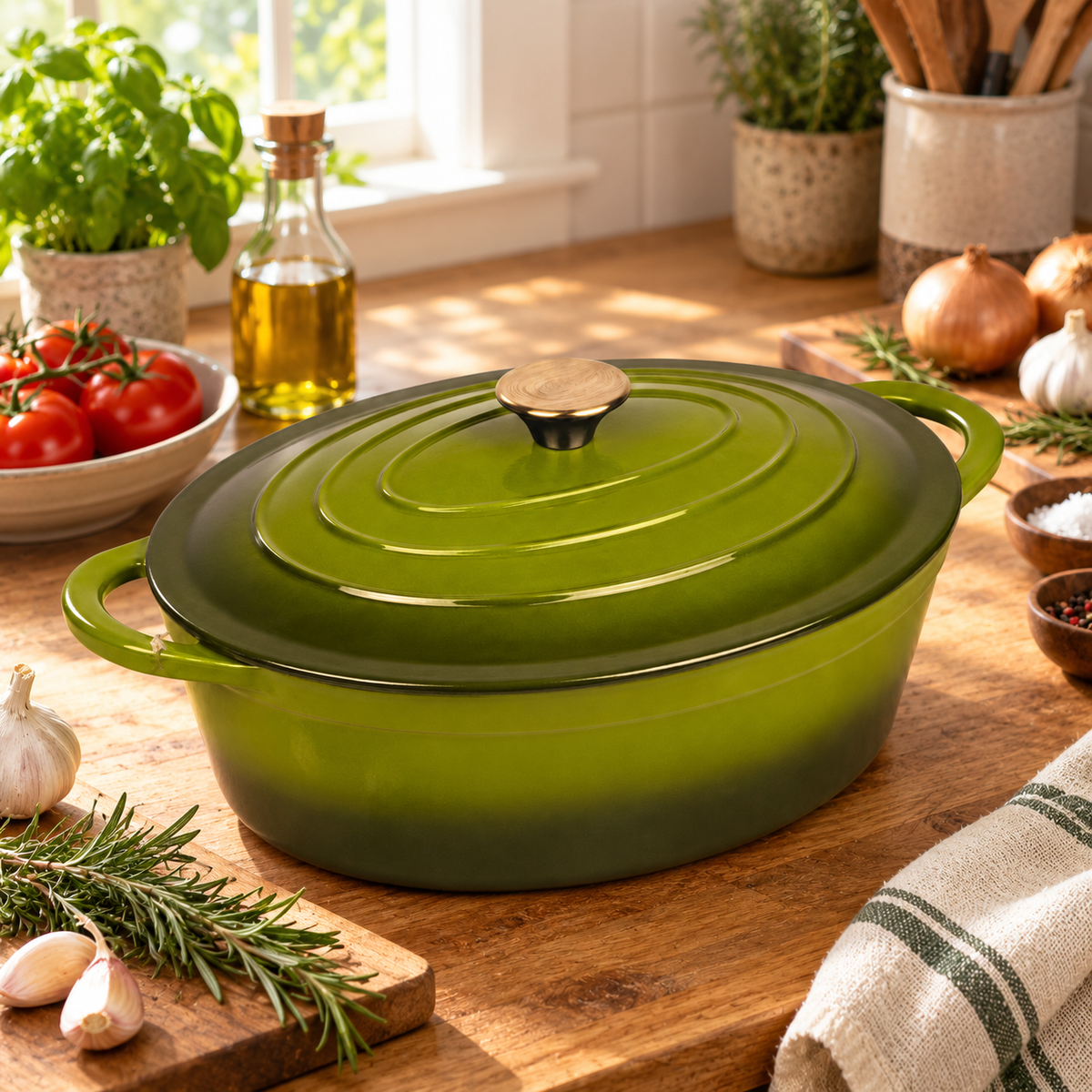 Cocotte ovale en fonte émaillée 34 cm – 6 L – Vert olive