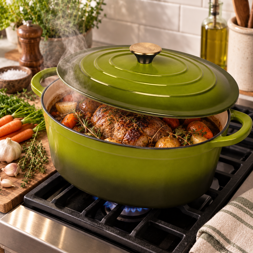 Cocotte ovale en fonte émaillée 34 cm – 6 L – Vert olive