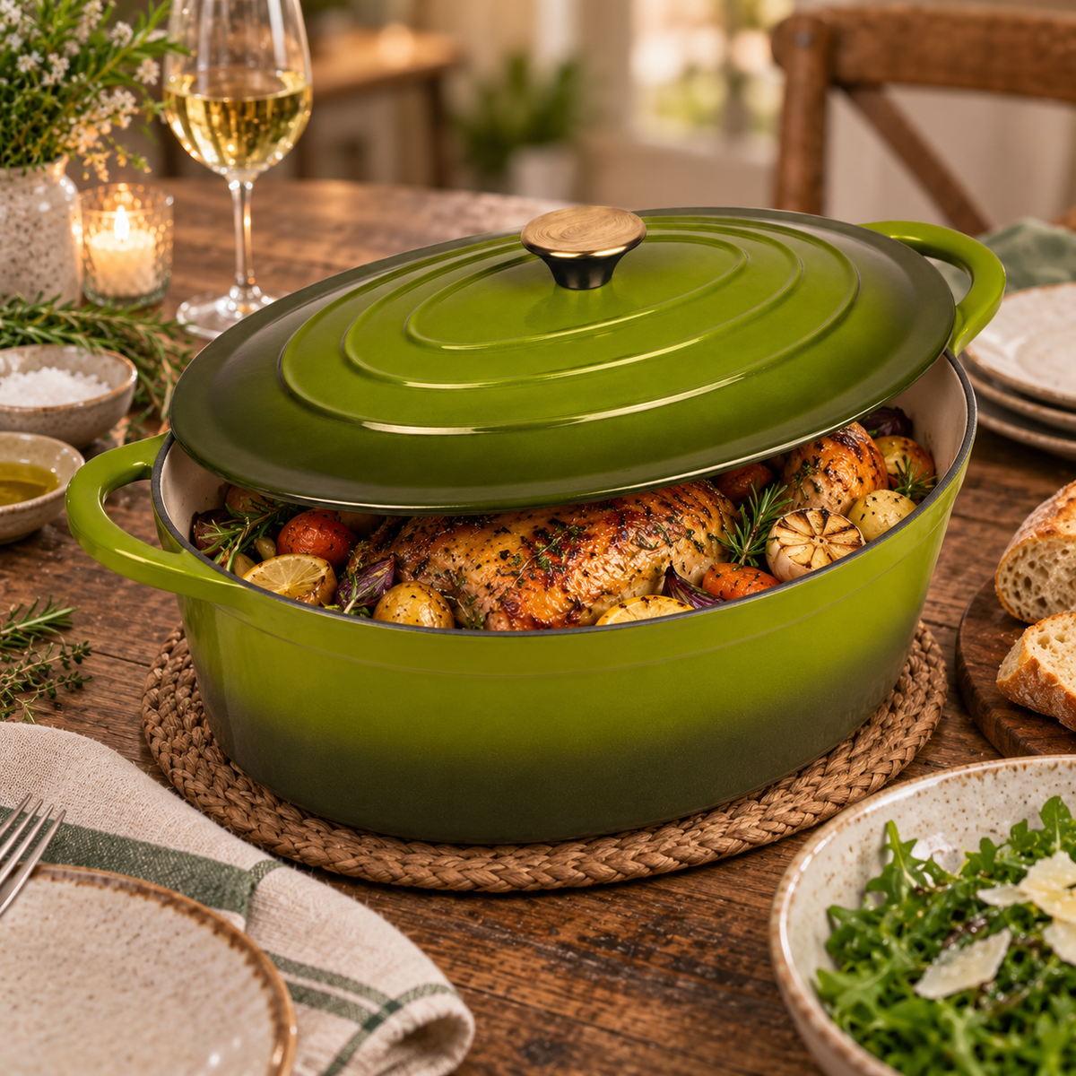 Cocotte ovale en fonte émaillée 34 cm – 6 L – Vert olive