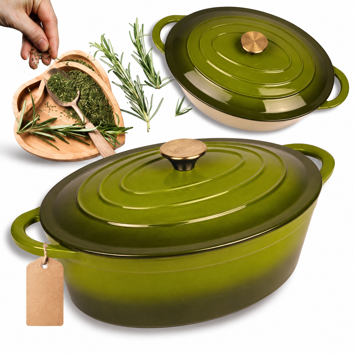 Cocotte ovale en fonte émaillée 34 cm – 6 L – Vert olive