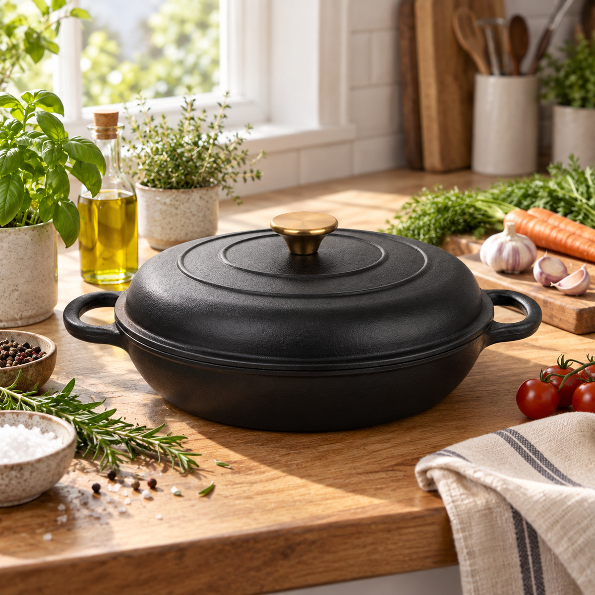 Cocotte basse en fonte émaillée 30 cm – 3 L – Noir mat