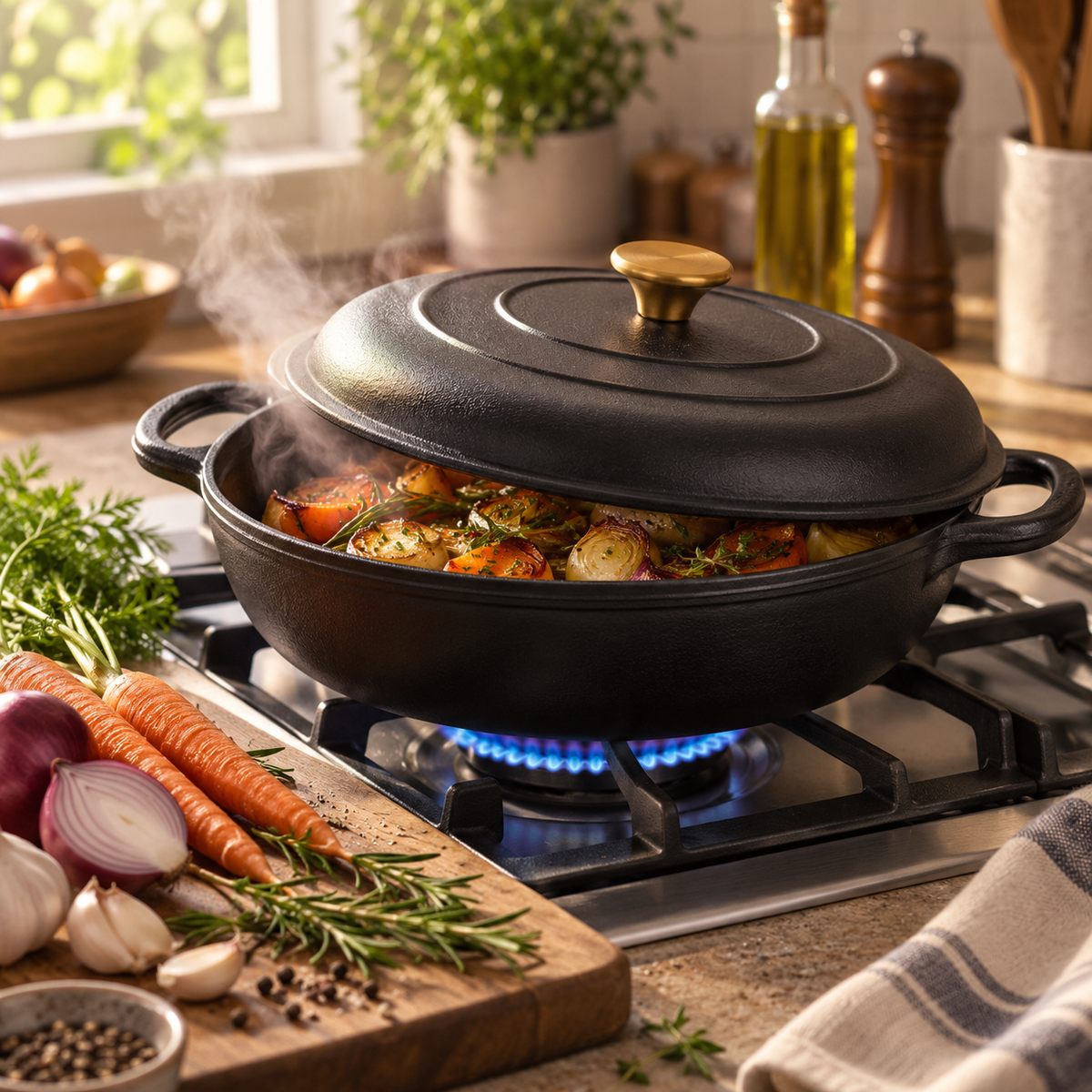 Cocotte basse en fonte émaillée 30 cm – 3 L – Noir mat