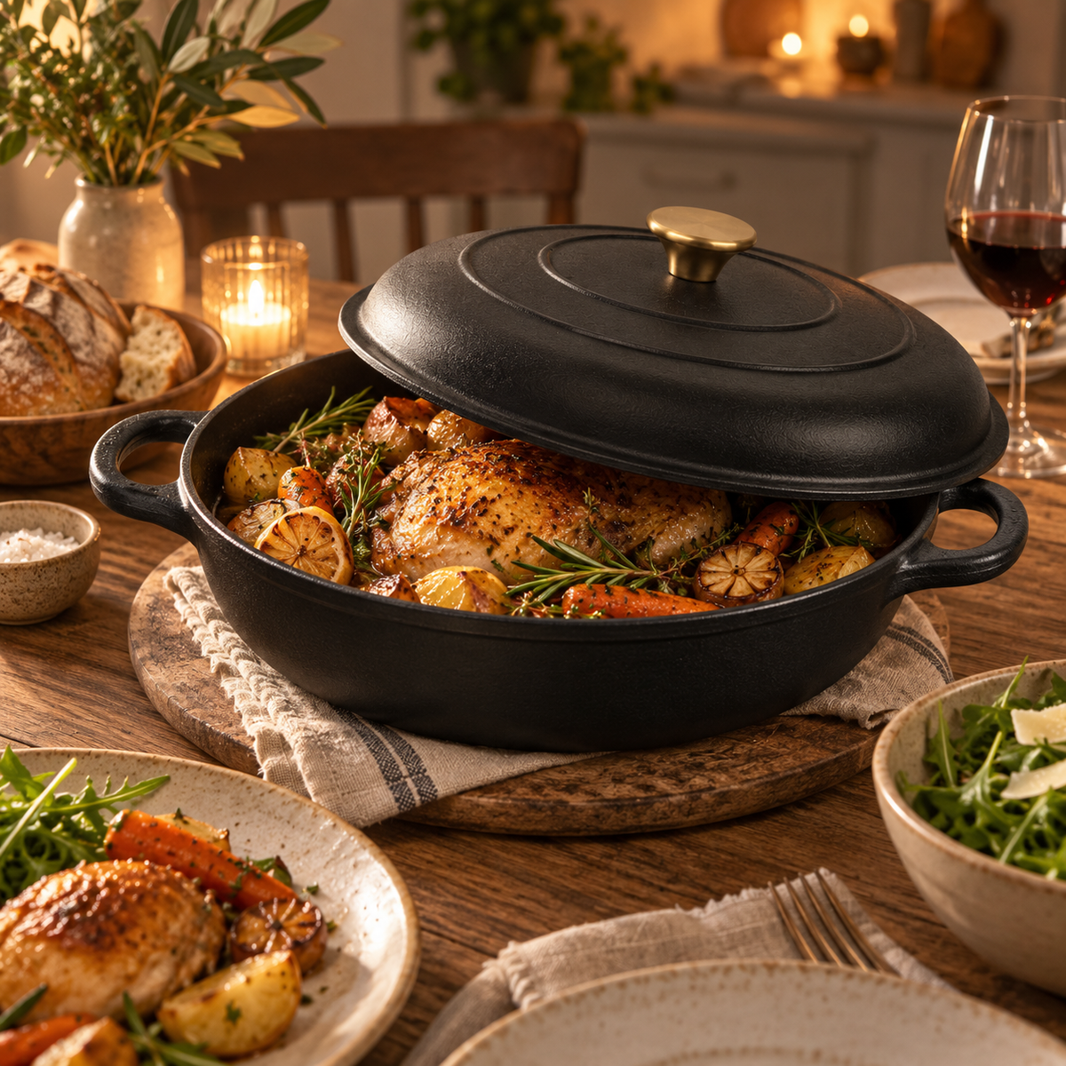 Cocotte basse en fonte émaillée 30 cm – 3 L – Noir mat
