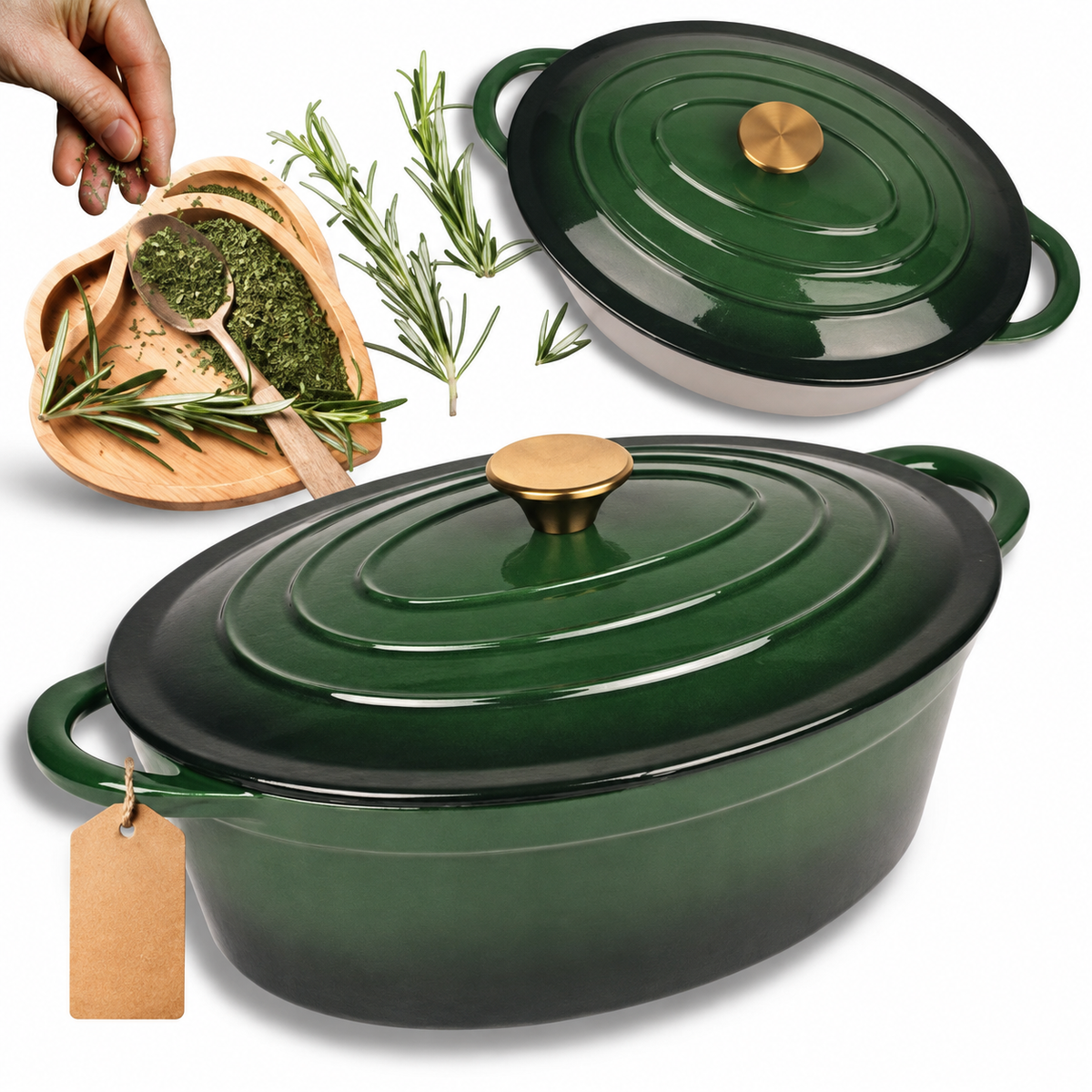 Cocotte ovale en fonte émaillée 34 cm – 6 L – Vert bouteille