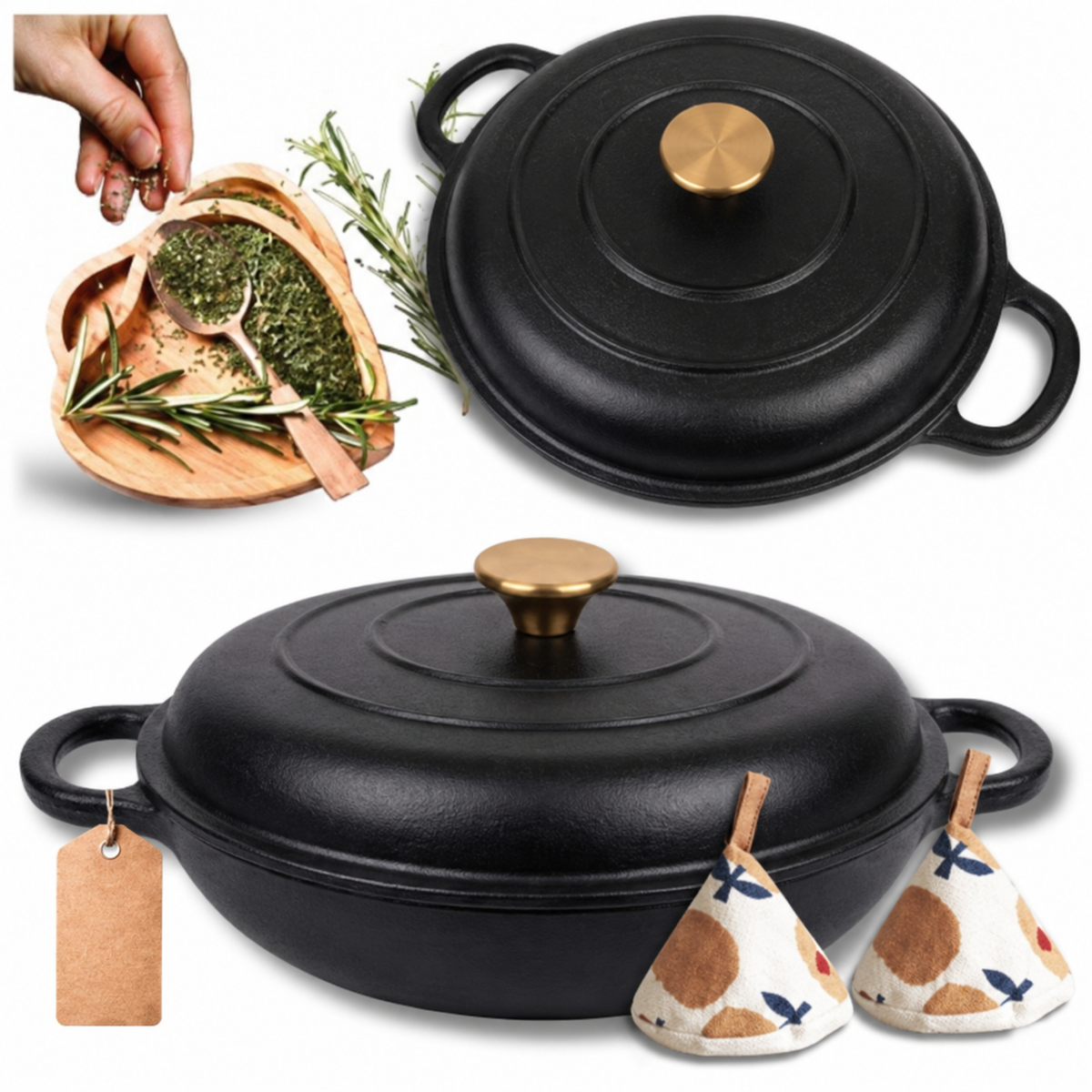 Cocotte basse en fonte émaillée 30 cm – 3 L – Noir mat