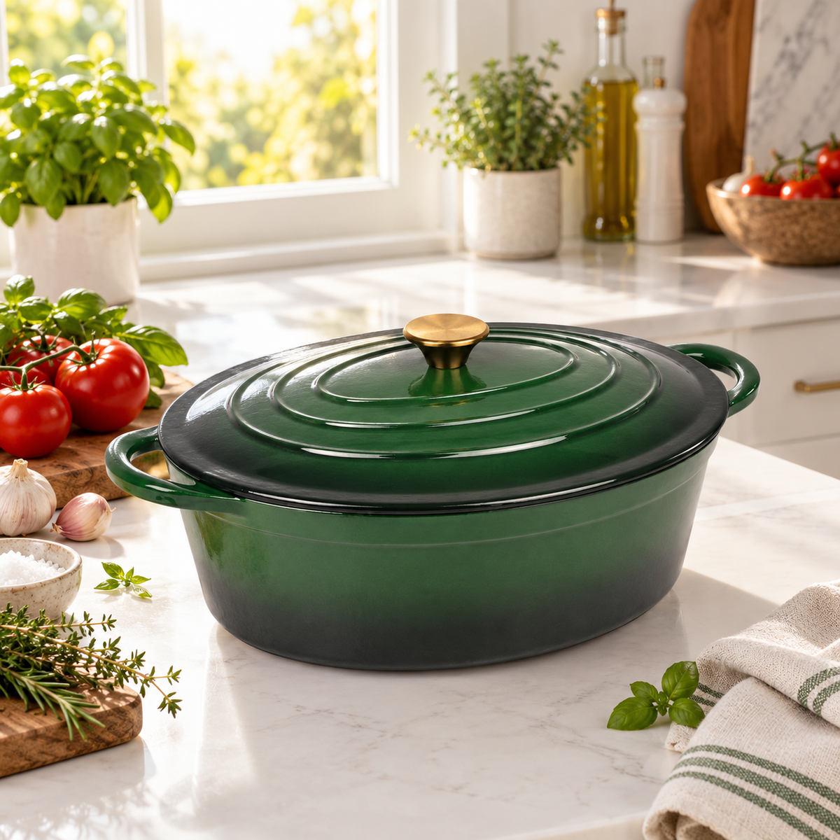 Cocotte ovale en fonte émaillée 34 cm – 6 L – Vert bouteille