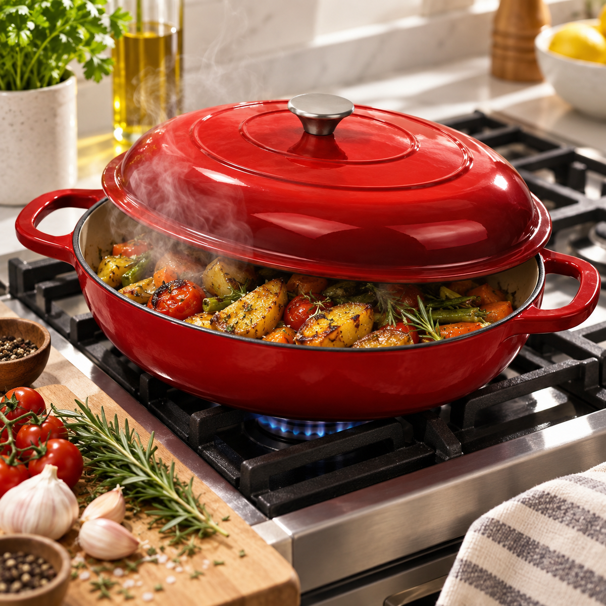 Cocotte basse en fonte émaillée 30 cm – 3 L – Rouge