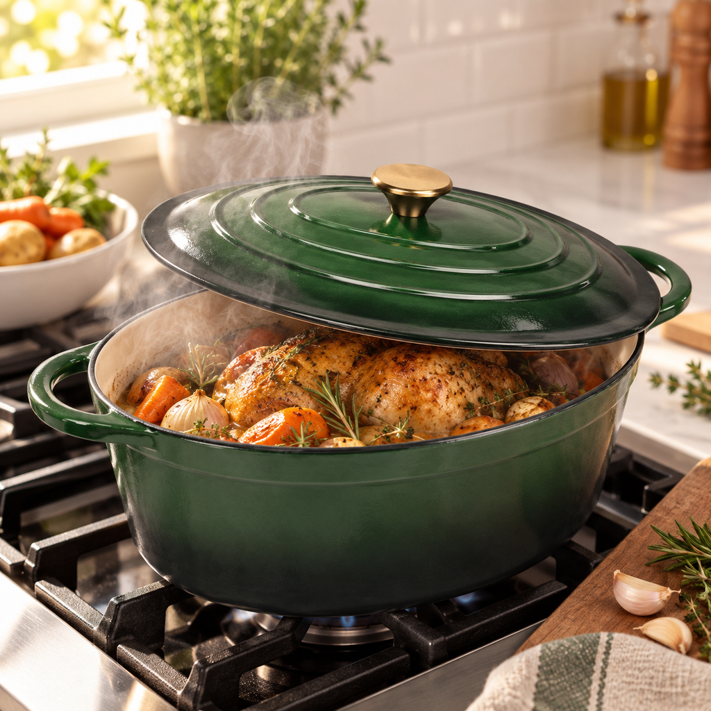 Cocotte ovale en fonte émaillée 34 cm – 6 L – Vert bouteille