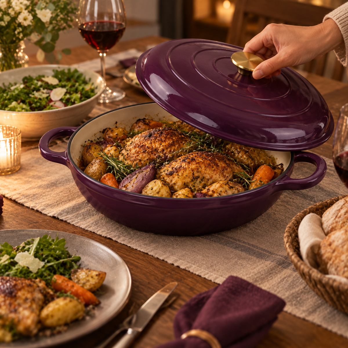 Cocotte basse en fonte émaillée 30 cm – 3 L – Aubergine