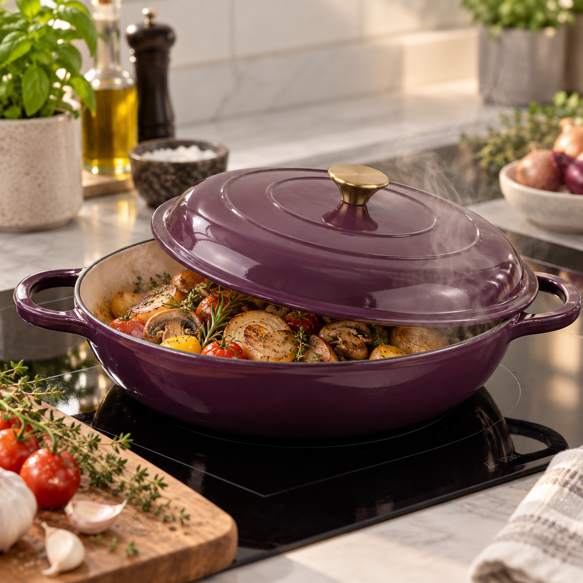 Cocotte basse en fonte émaillée 30 cm – 3 L – Aubergine