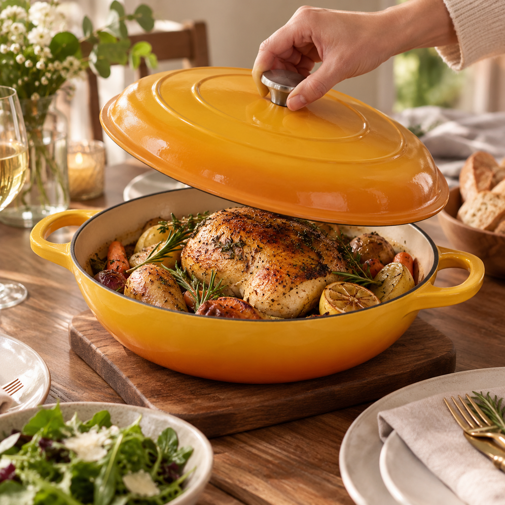 Cocotte basse en fonte émaillée 30 cm – 3 L – Moutarde