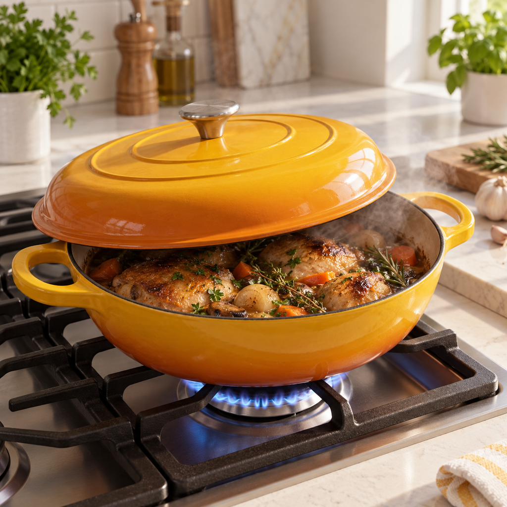 Cocotte basse en fonte émaillée 30 cm – 3 L – Moutarde