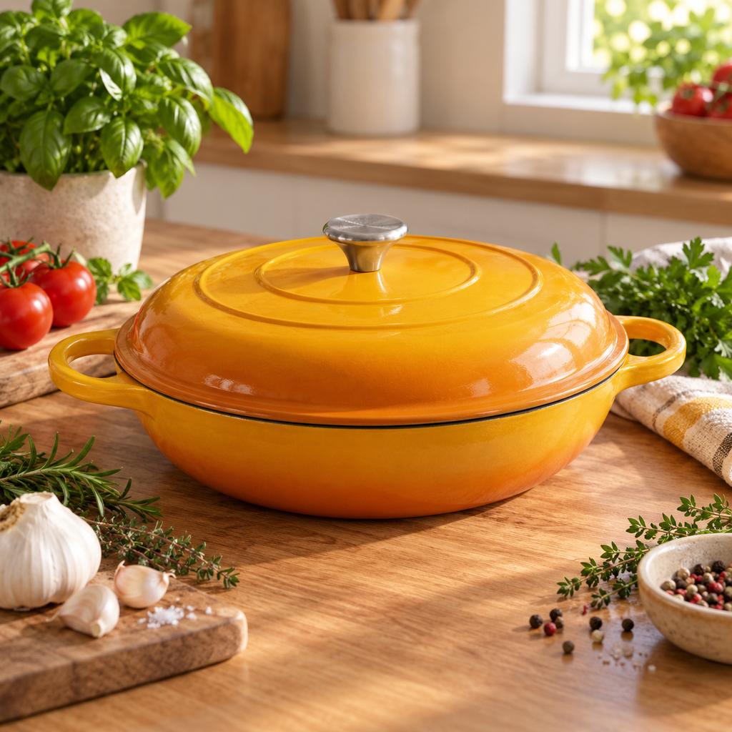 Cocotte basse en fonte émaillée 30 cm – 3 L – Moutarde