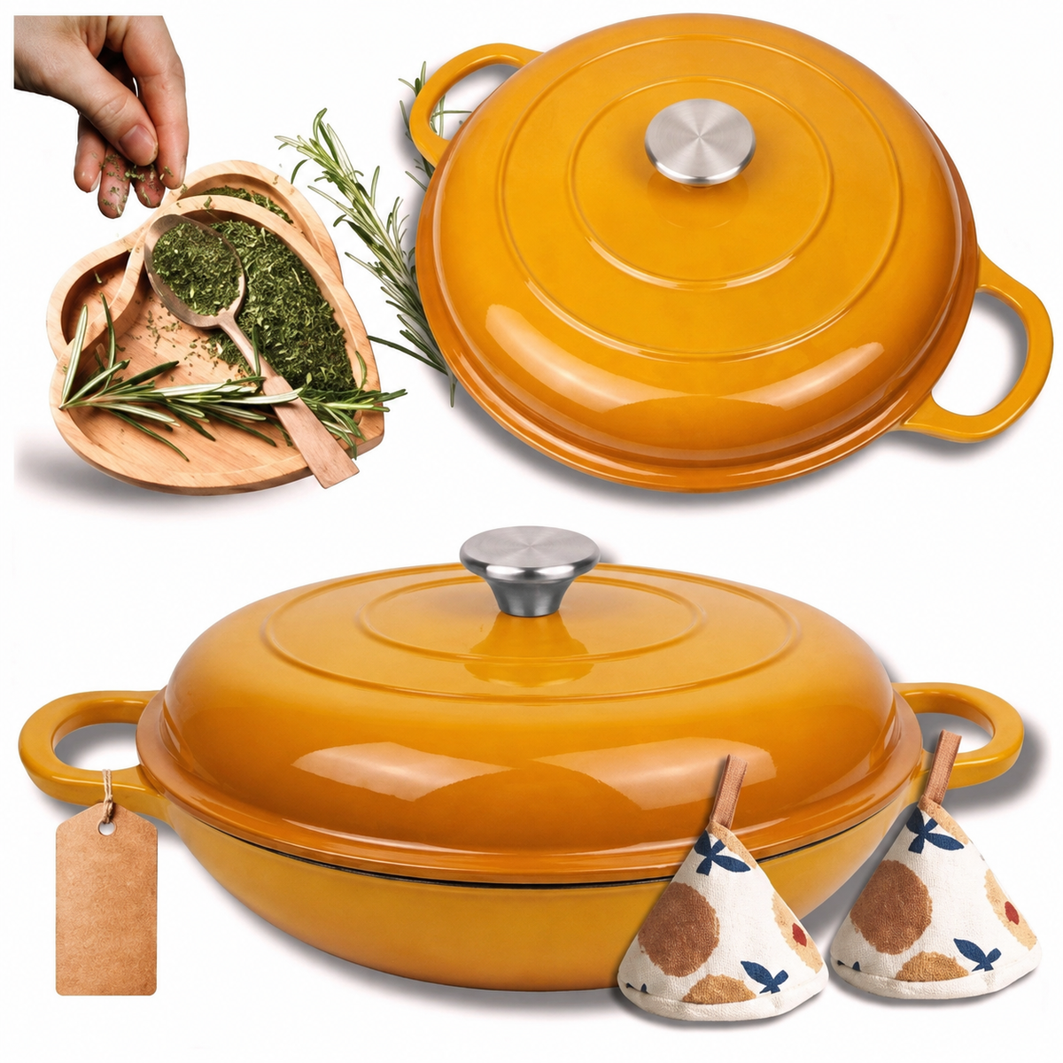 Cocotte basse en fonte émaillée 30 cm – 3 L – Moutarde