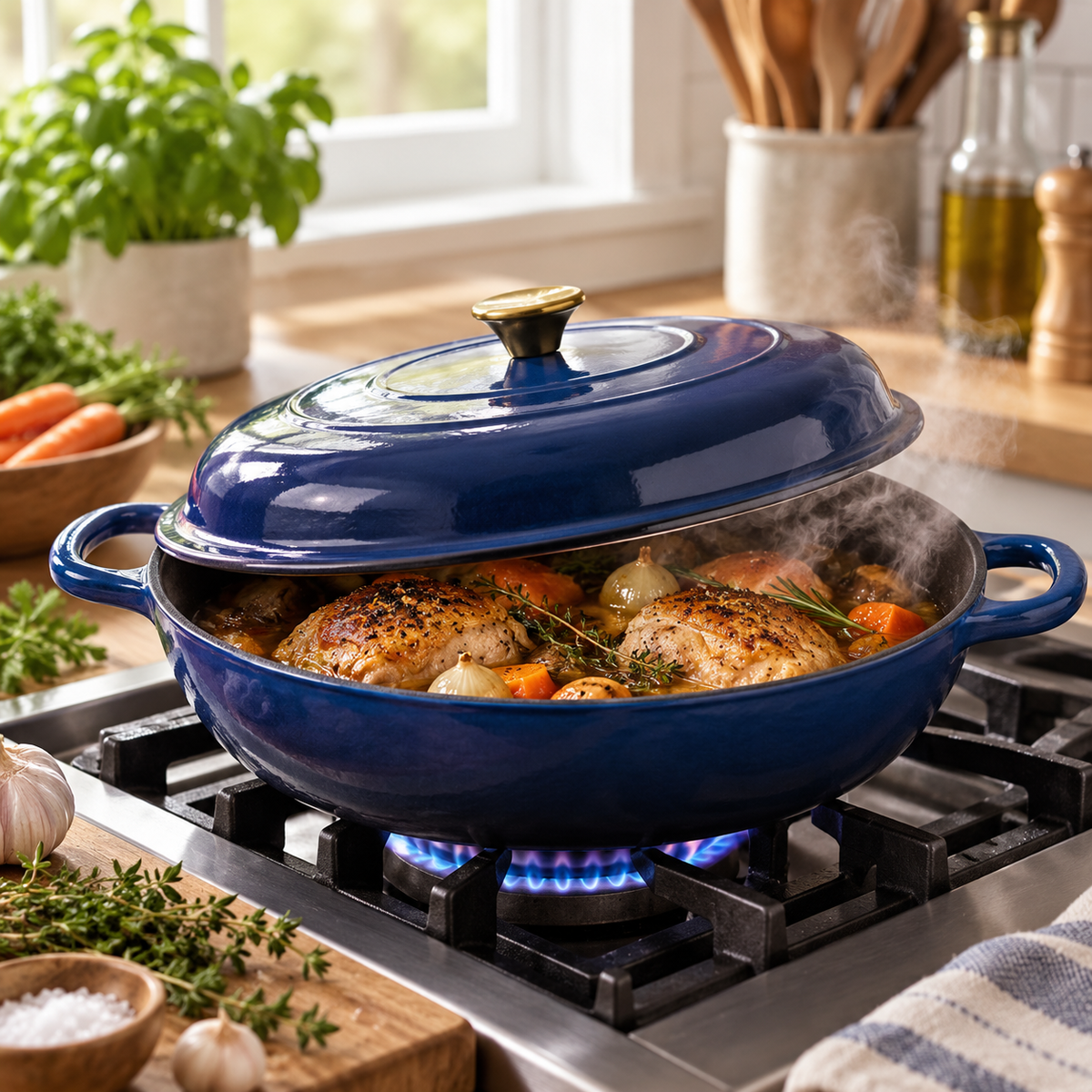 Cocotte basse en fonte émaillée 30 cm – 3 L – Bleu