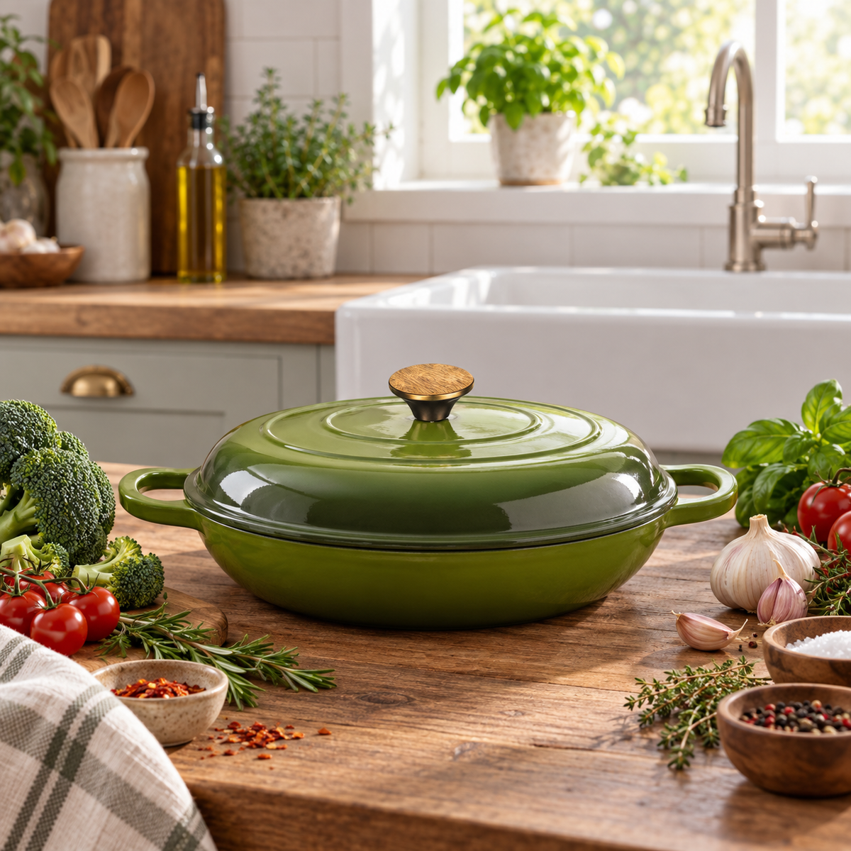 Cocotte basse en fonte émaillée 30 cm – 3 L – Vert olive
