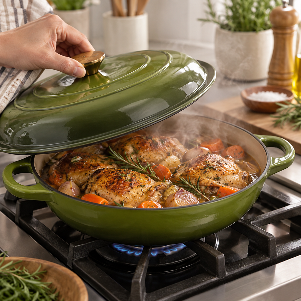 Cocotte basse en fonte émaillée 30 cm – 3 L – Vert olive