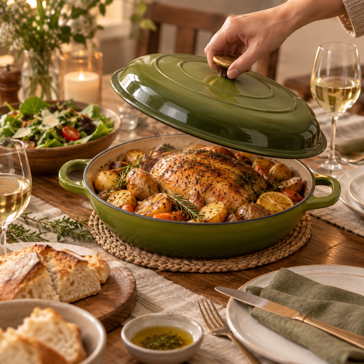 Cocotte basse en fonte émaillée 30 cm – 3 L – Vert olive