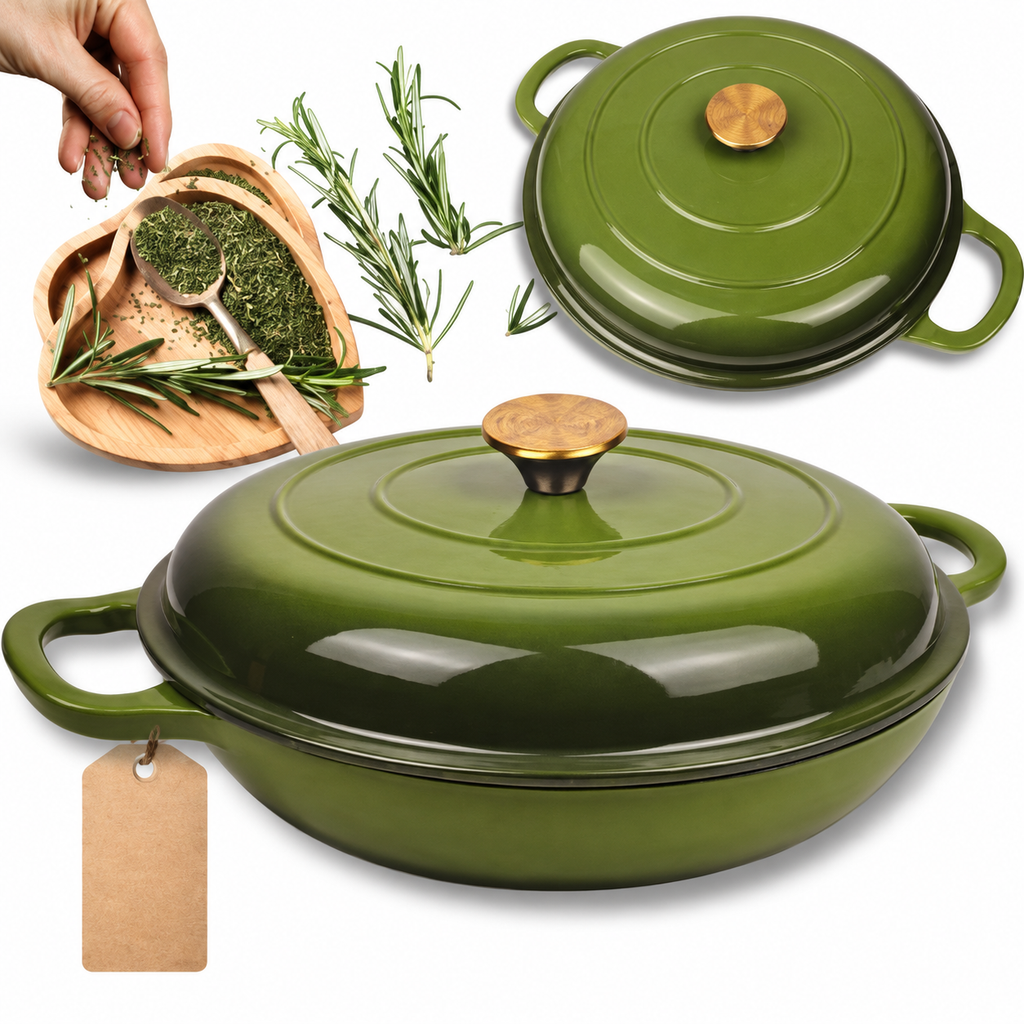 Cocotte basse en fonte émaillée 30 cm – 3 L – Vert olive