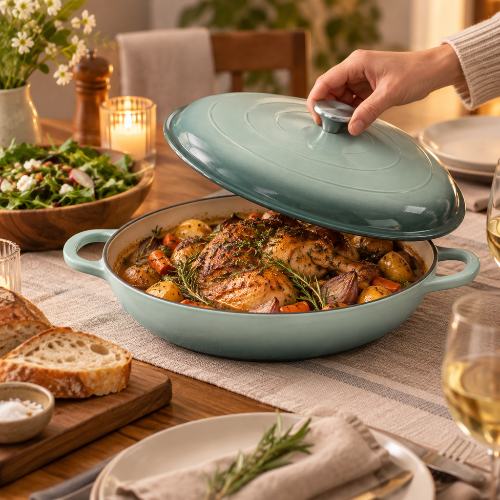 Cocotte basse en fonte émaillée 30 cm – 3 L – Vert d'eau
