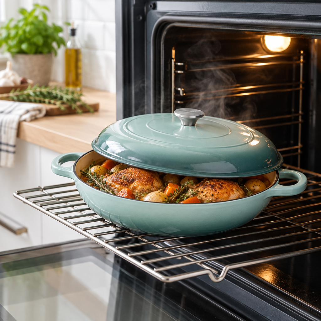 Cocotte basse en fonte émaillée 30 cm – 3 L – Vert d'eau