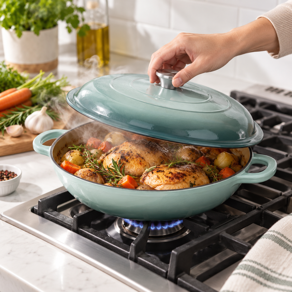 Cocotte basse en fonte émaillée 30 cm – 3 L – Vert d'eau