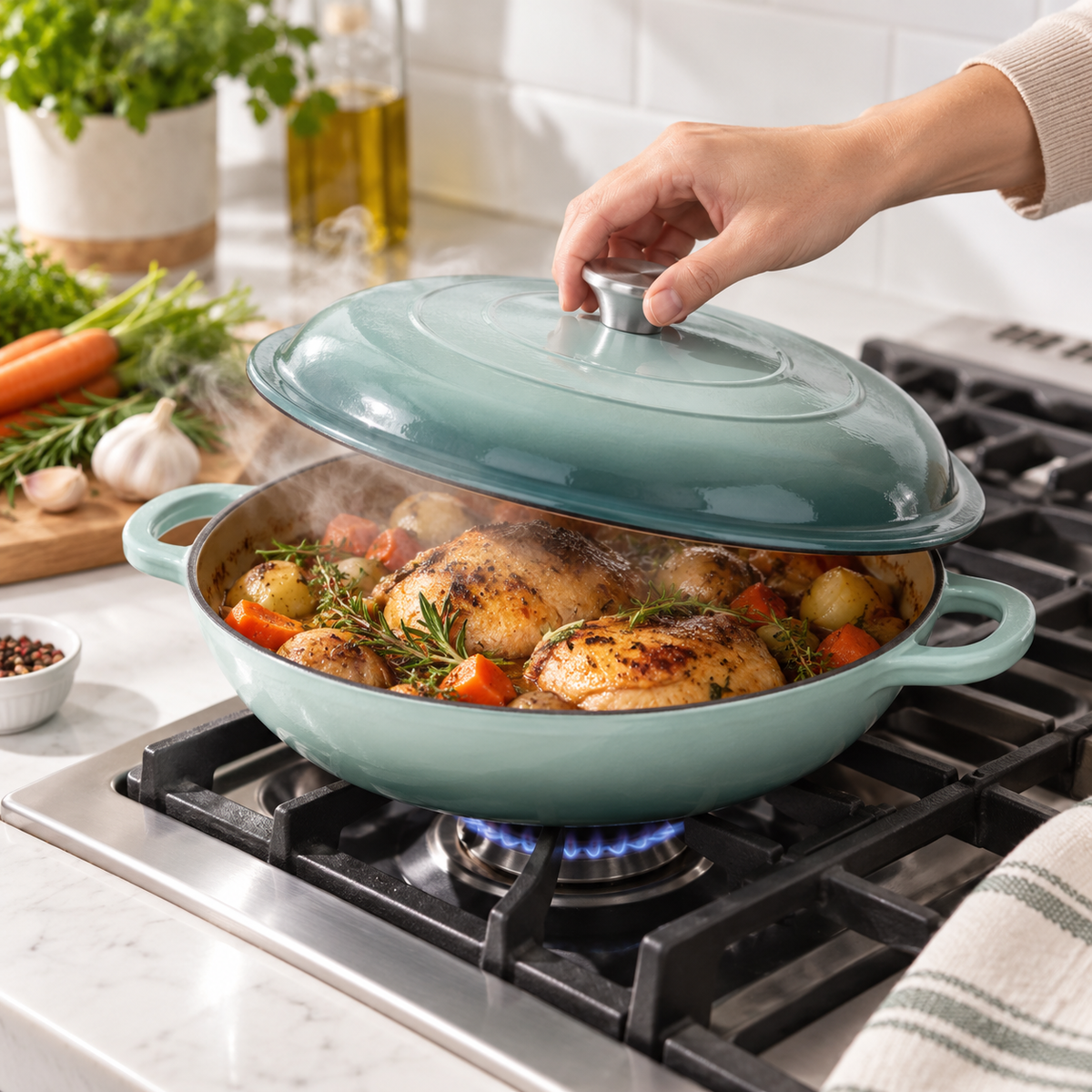 Cocotte basse en fonte émaillée 30 cm – 3 L – Vert d'eau