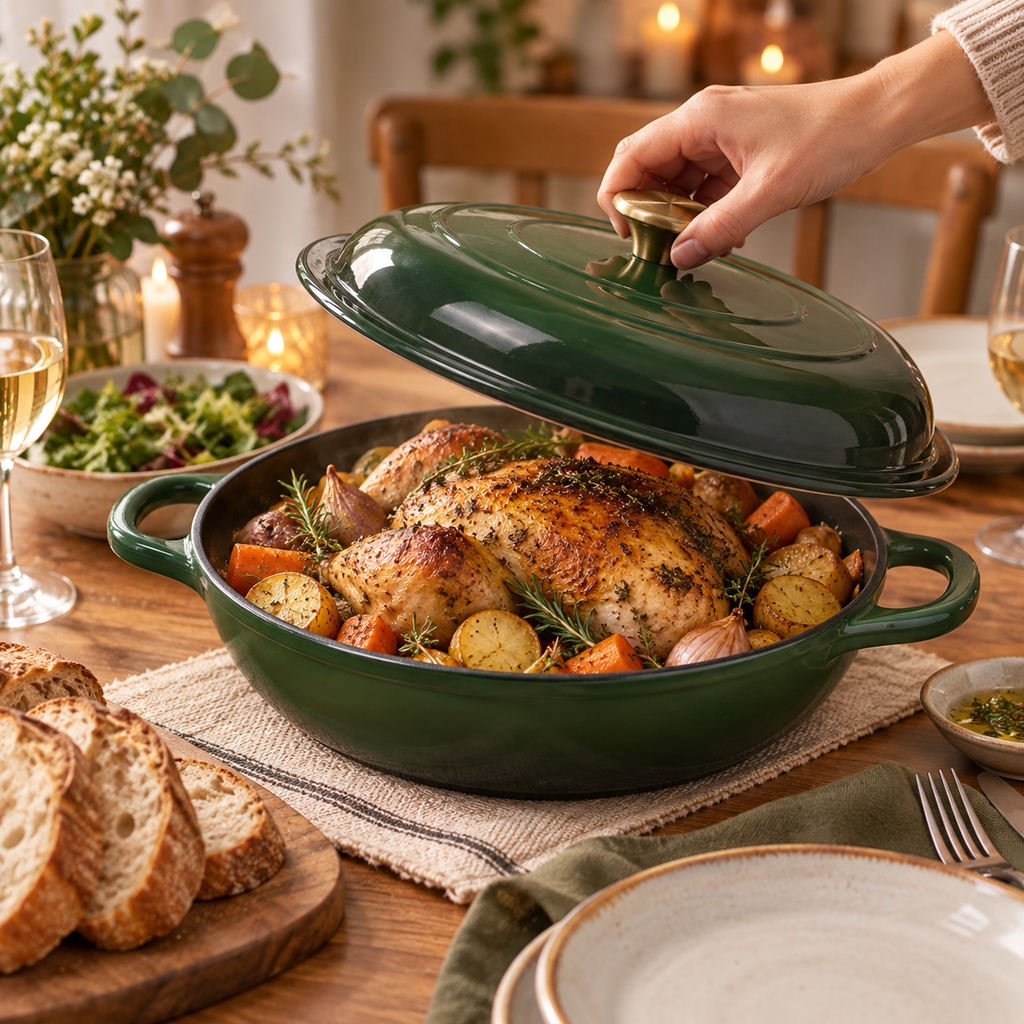 Cocotte basse en fonte émaillée 30 cm – 3 L – Vert bouteille