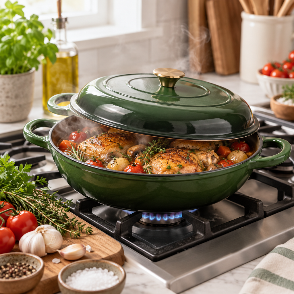 Cocotte basse en fonte émaillée 30 cm – 3 L – Vert bouteille