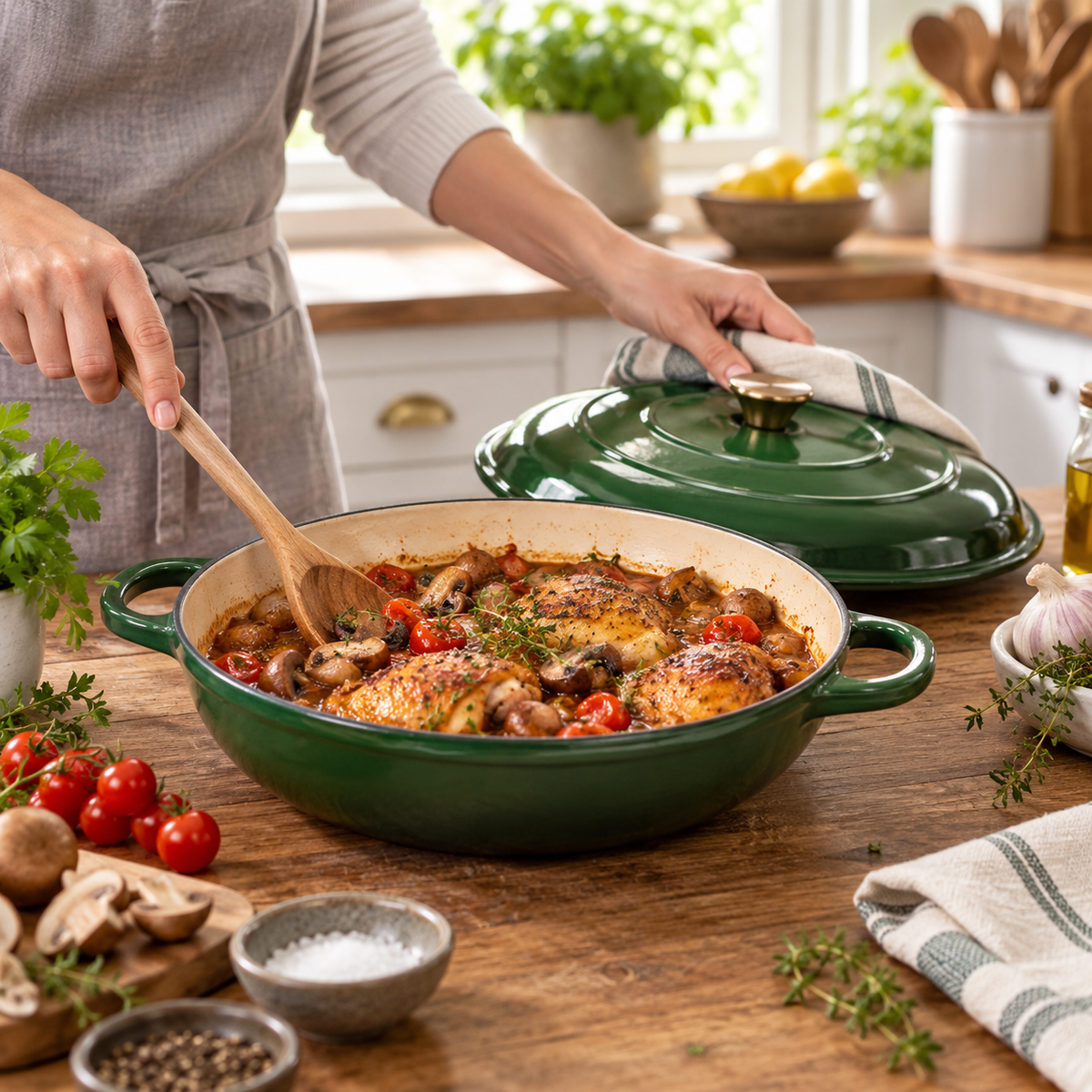 Cocotte basse en fonte émaillée 30 cm – 3 L – Vert bouteille