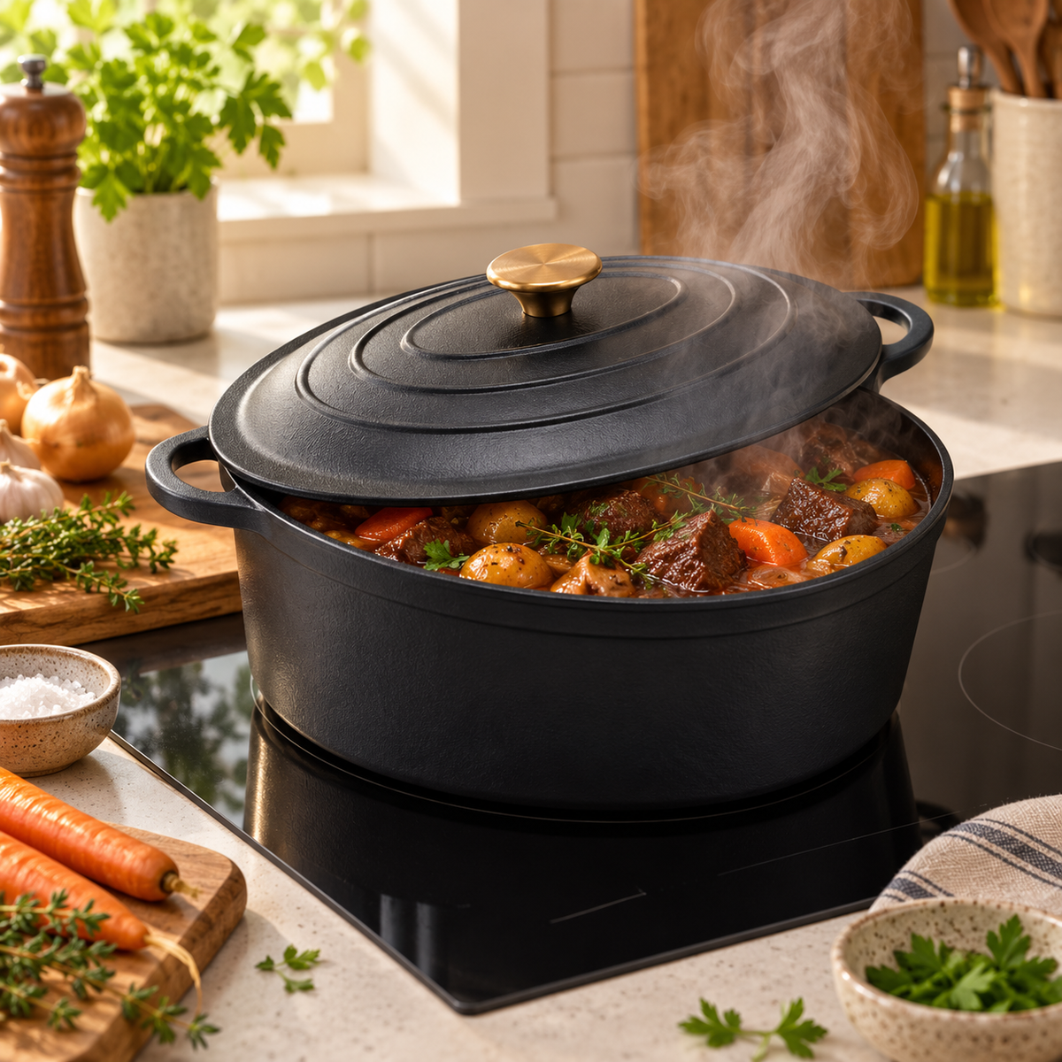 Cocotte ovale en fonte émaillée 34 cm – 6 L – Noir mat