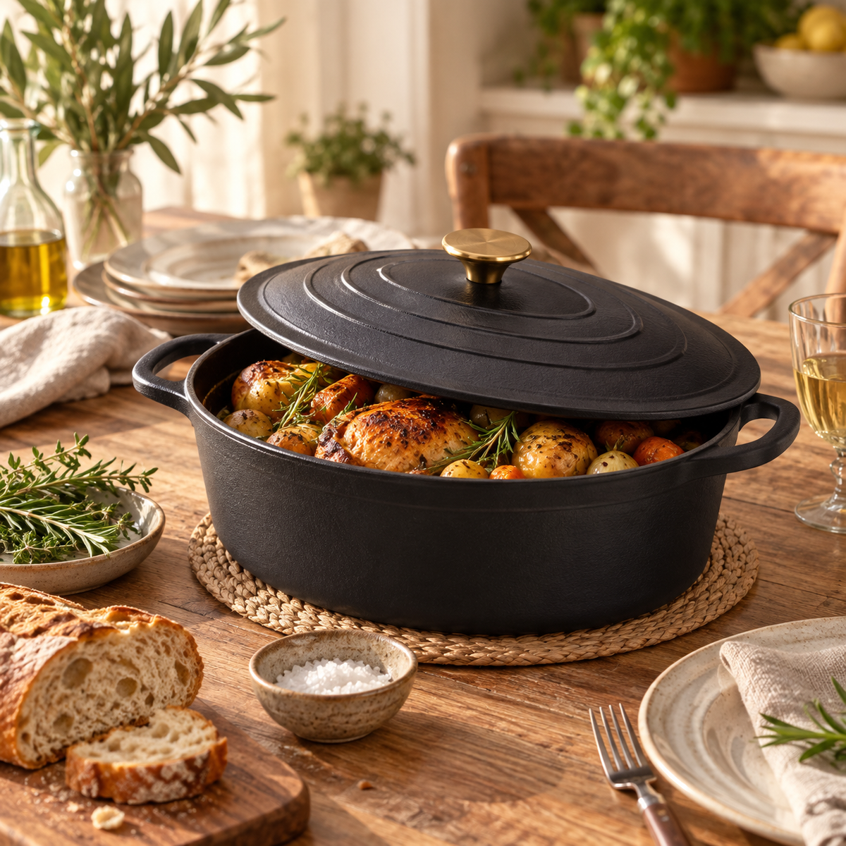 Cocotte ovale en fonte émaillée 34 cm – 6 L – Noir mat