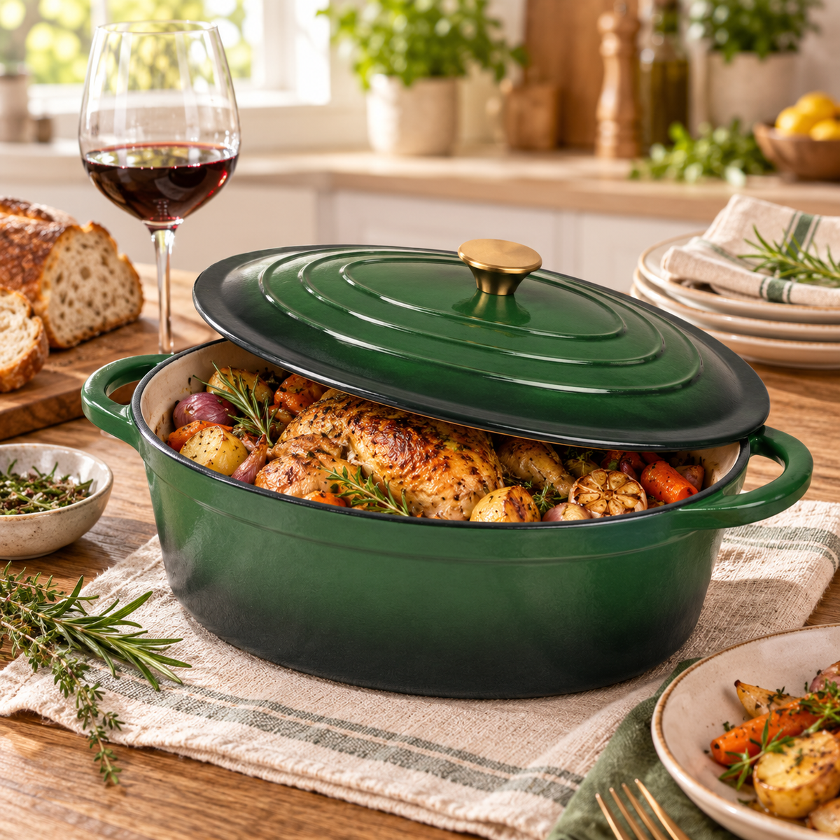 Cocotte ovale en fonte émaillée 34 cm – 6 L – Vert bouteille