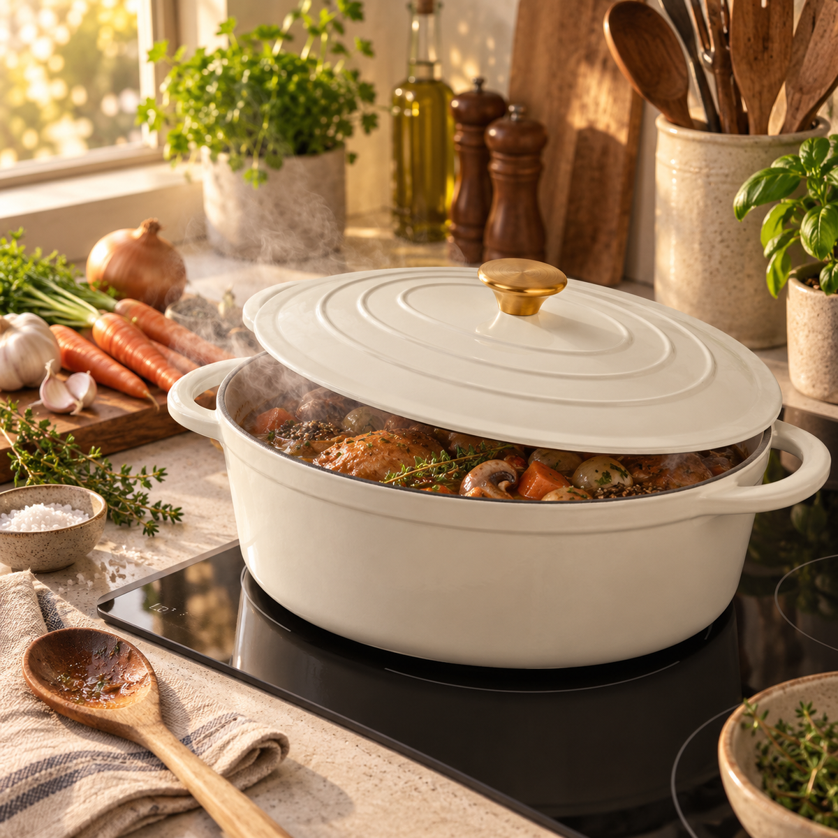 Cocotte ovale en fonte émaillée 34 cm – 6 L – Crème