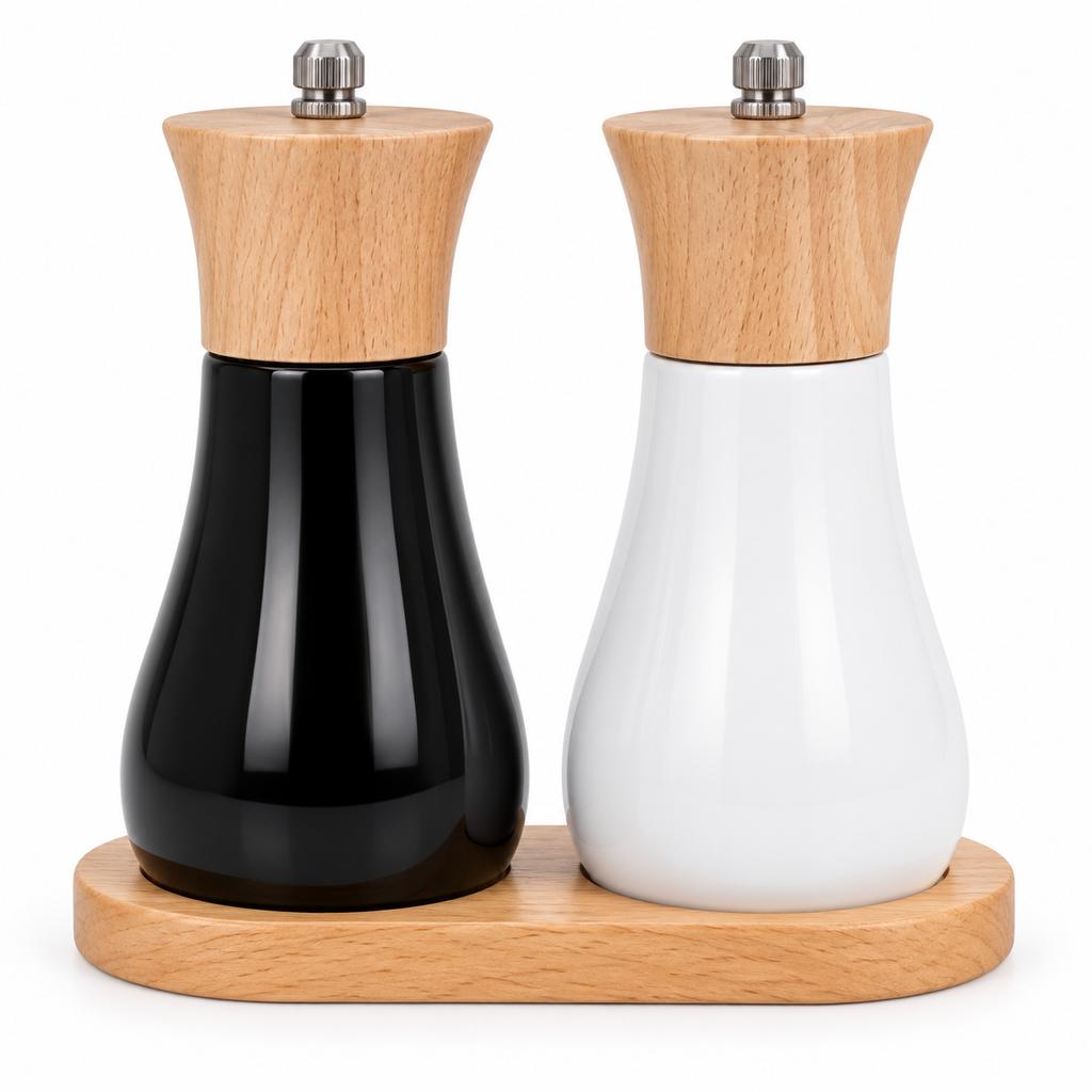 Moulins à sel et poivre – Duo sur socle en bois – Noir et blanc
