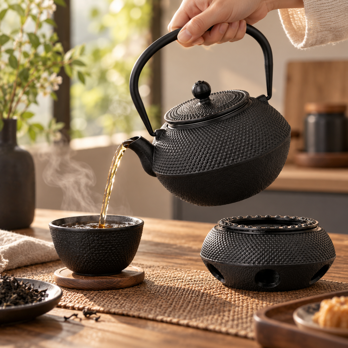 Théière en fonte 850 ml – Filtre inox et réchaud à bougie