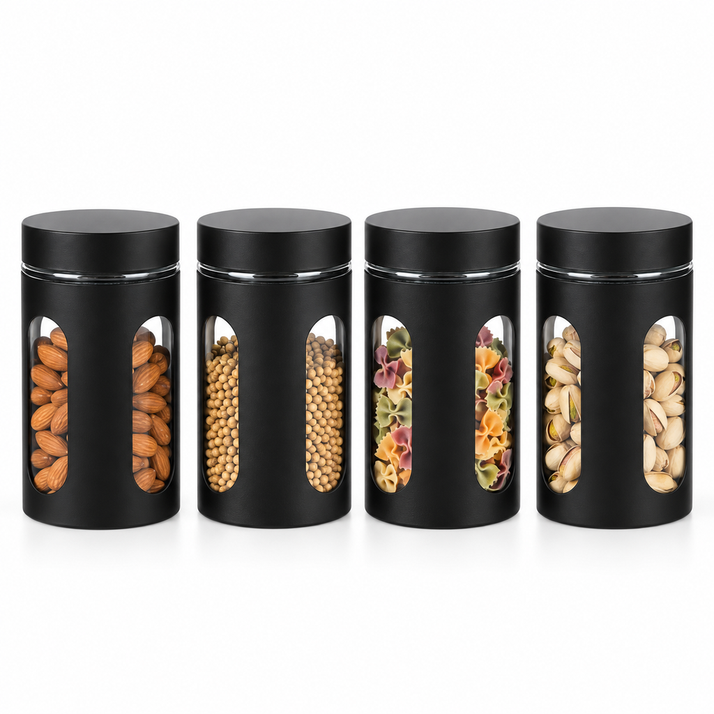 Bocaux de rangement en verre et métal noir – Lot de 4