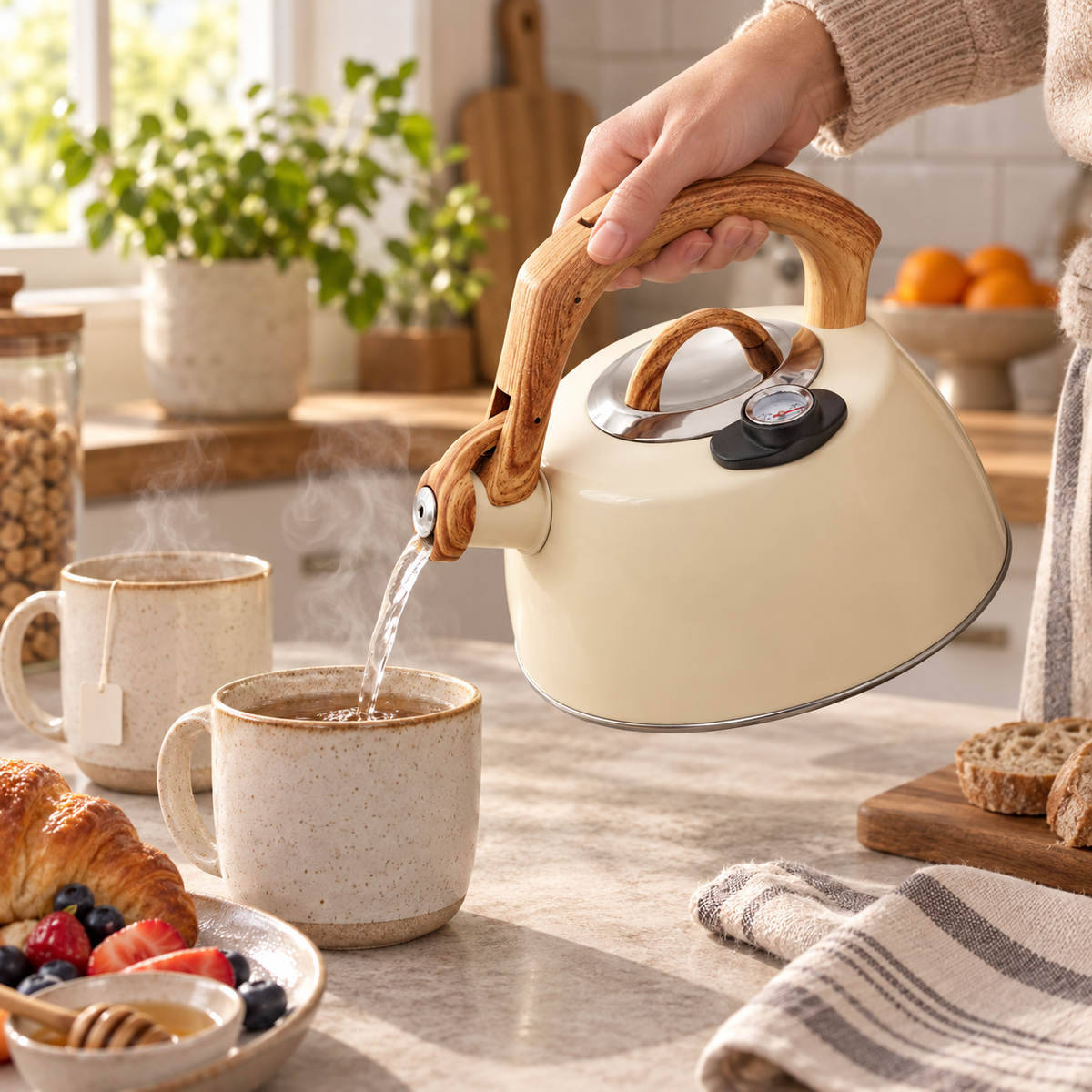 Bouilloire à sifflet 3 L – Thermomètre intégré – Beige